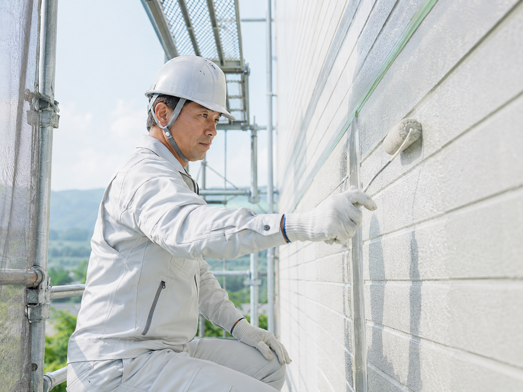 足場で外壁を塗装する作業員