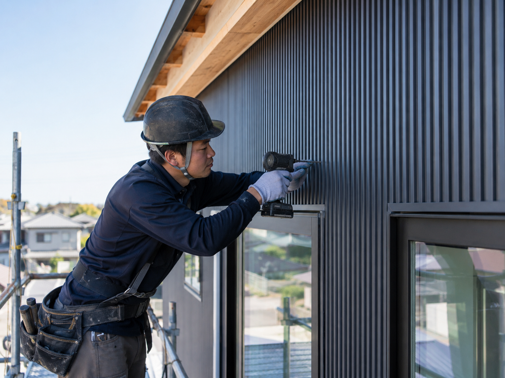 外壁の板金工事を行う職人